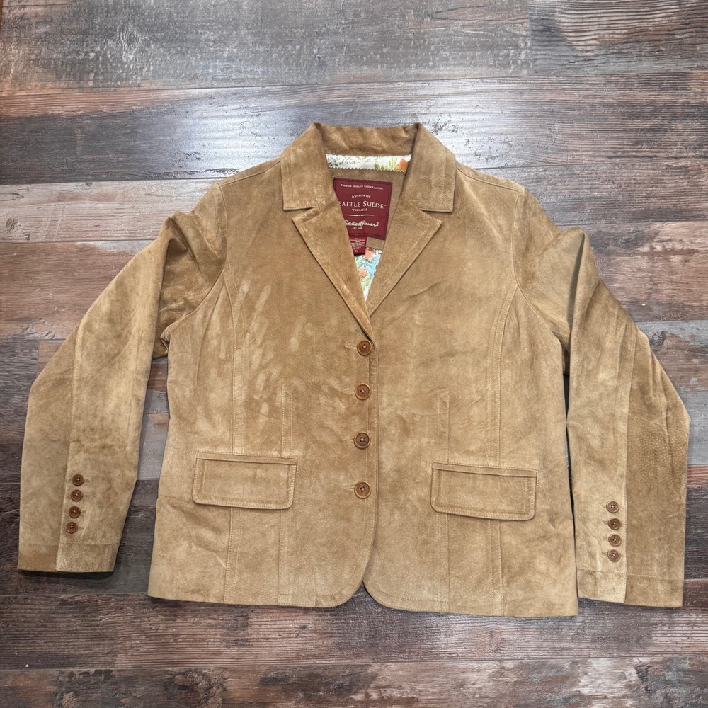Eddie Bauer Seattle Suede Washable Leather Blazer Tan Camel Petite XL